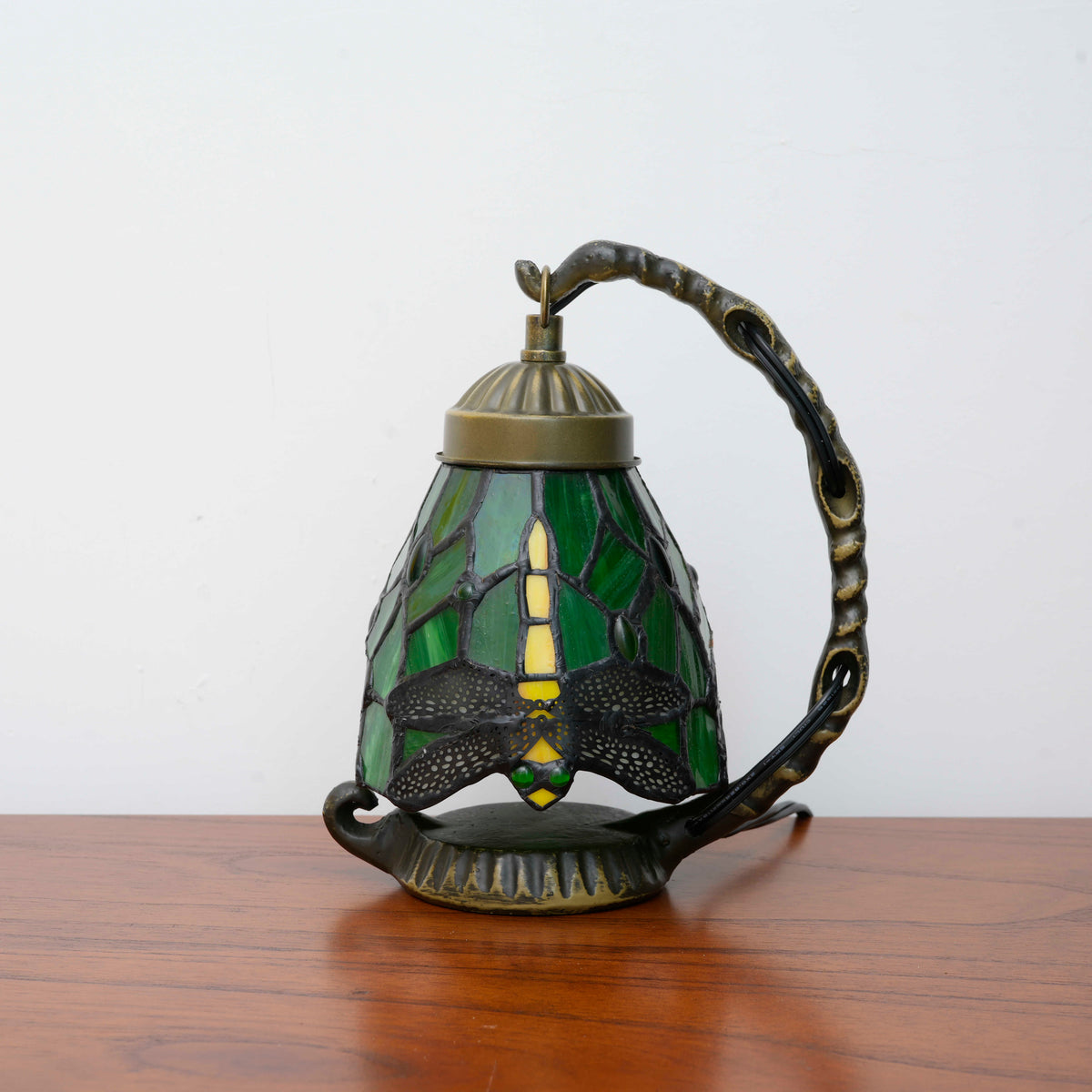 Tiffany Dragonfly Table Lamp in Green Tinted Glass