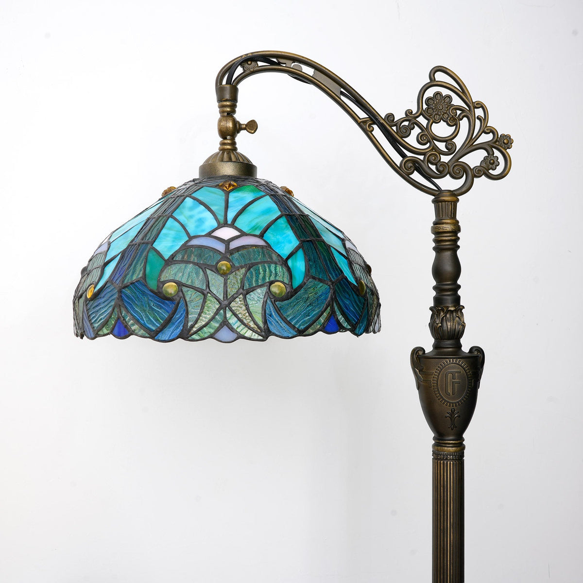 Tiffany Floor Lamp in Blue Green Stained Glass and Ornate Bronze