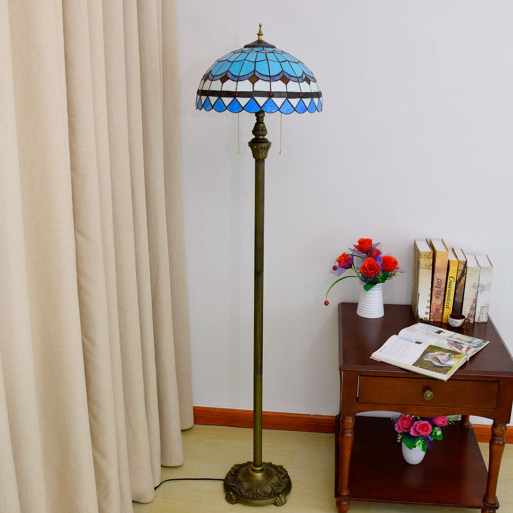 Tiffany Floor Lamp in Blue Stained Glass and Antique Bronze