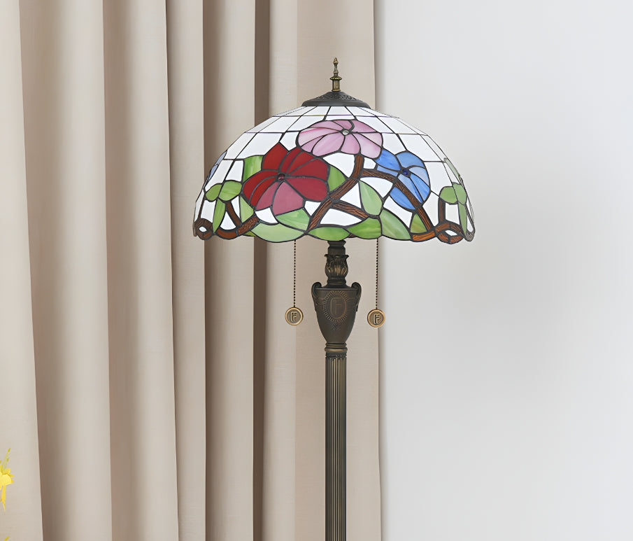 Tiffany Floor Lamp in Floral Stained Glass and Antique Bronze