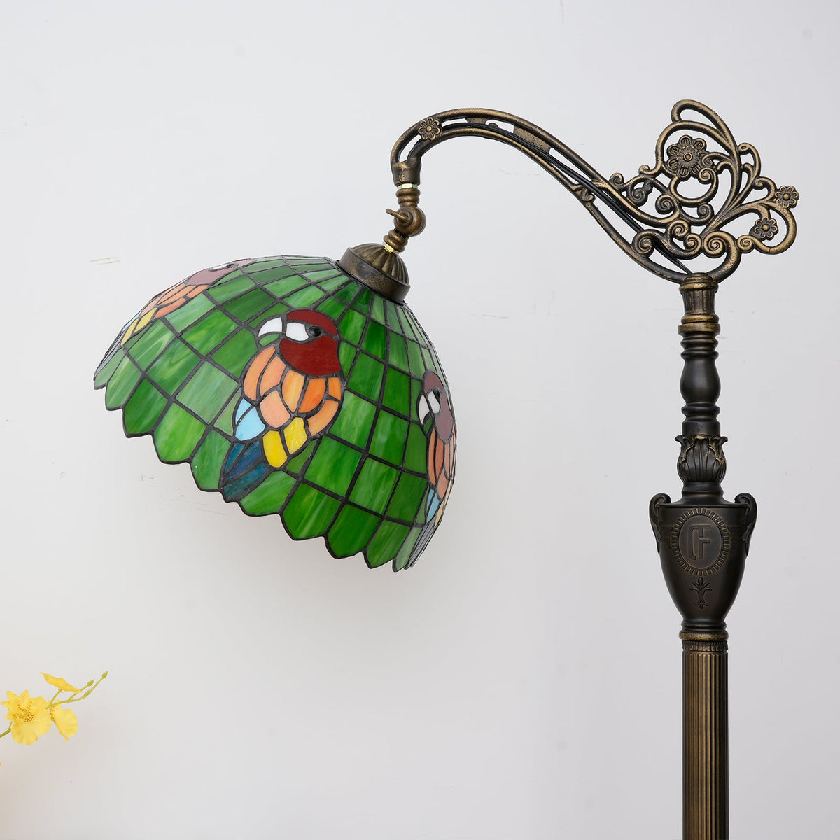 Tiffany Floor Lamp in Green Stained Glass with Birds