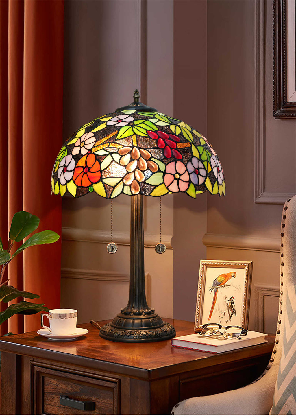Tiffany Floral Stained Glass Table Lamp with Bronze Base