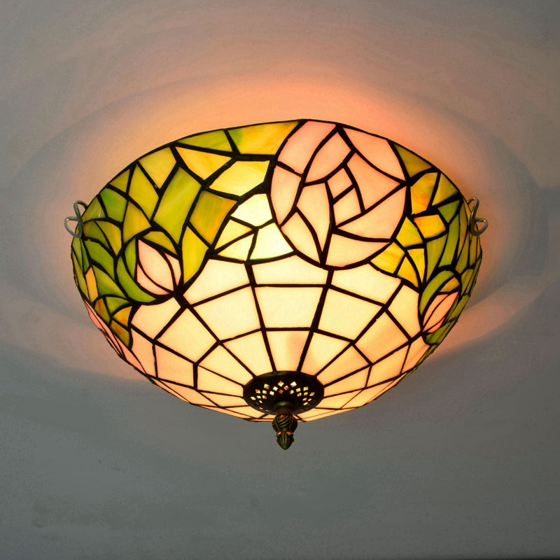 Tiffany Glass Ceiling Light, Peach Pink and Green Pattern