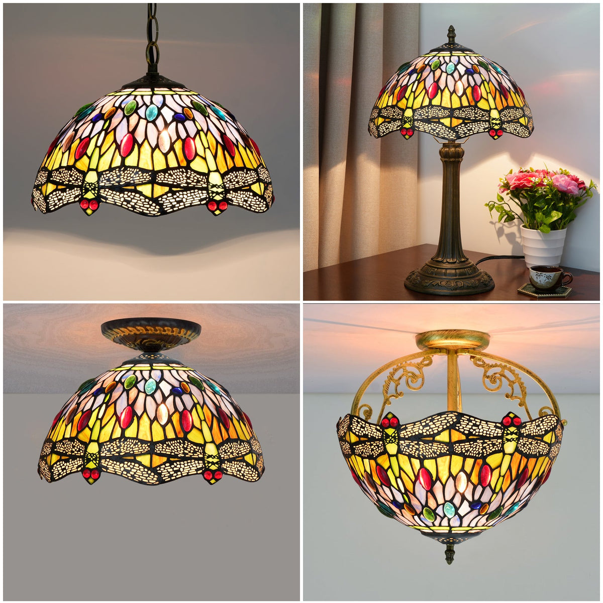 Tiffany Lamp in Stained Glass with Multicolored Dragonflies