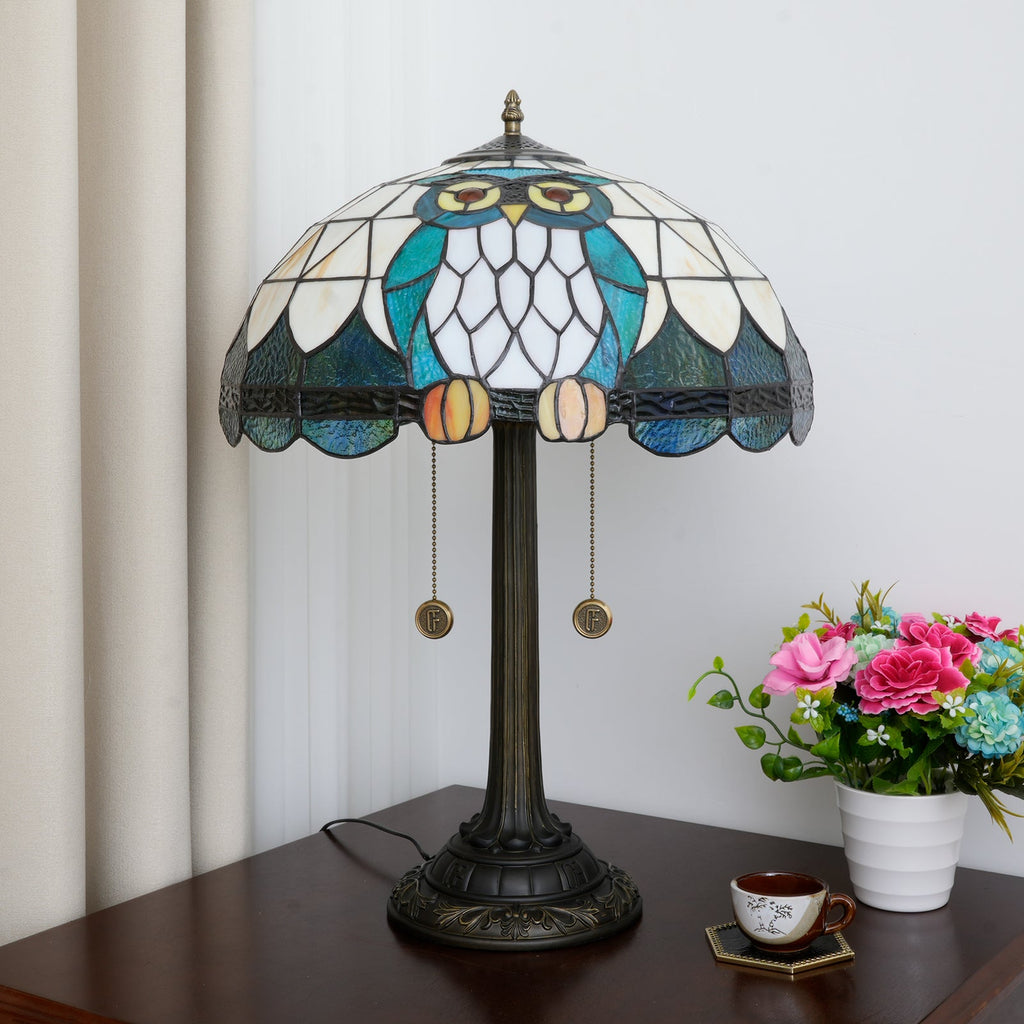 Tiffany Owl Table Lamp in Stained Glass
