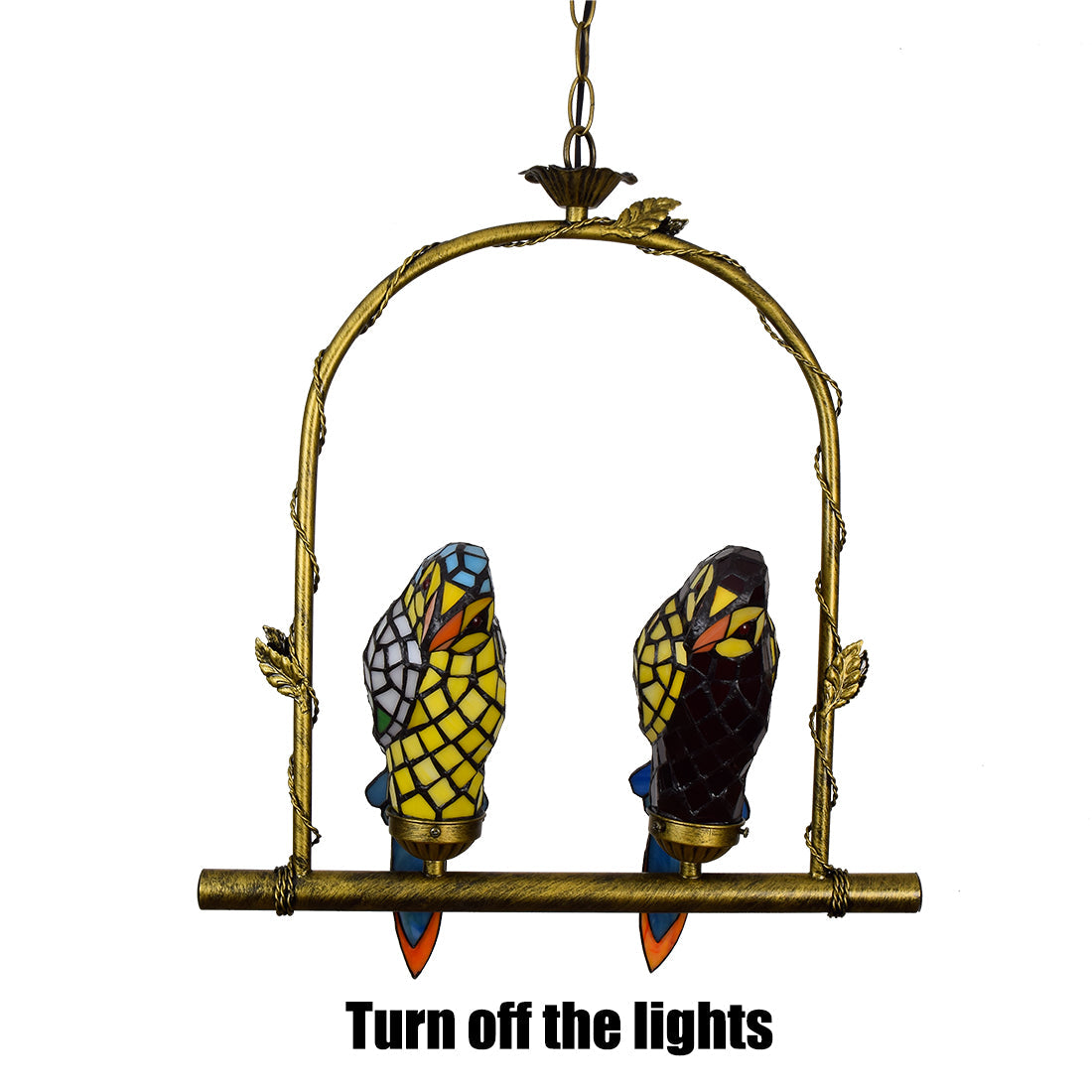 Tiffany Stained Glass and Gilded Metal Parrot Chandelier