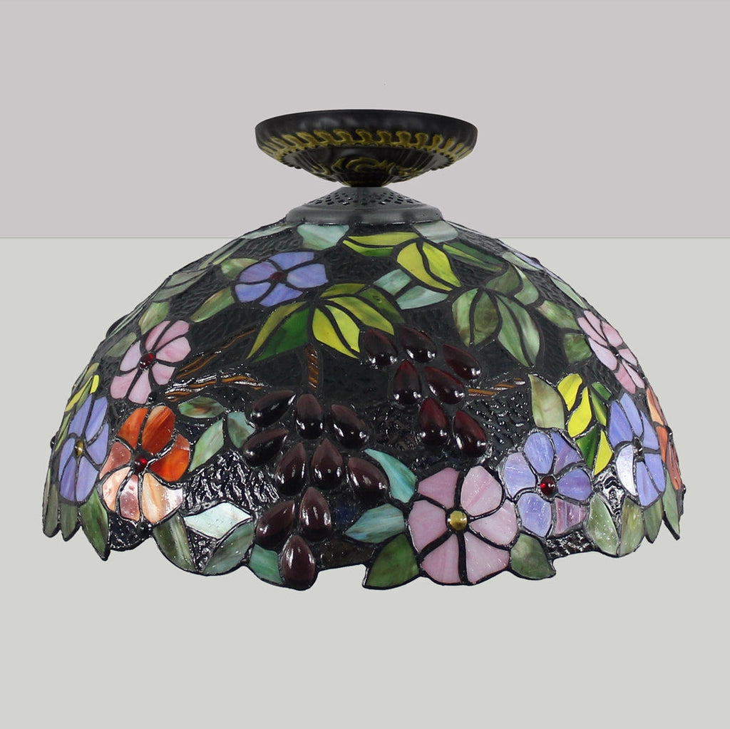 Tiffany stained glass ceiling light with flowers and berries