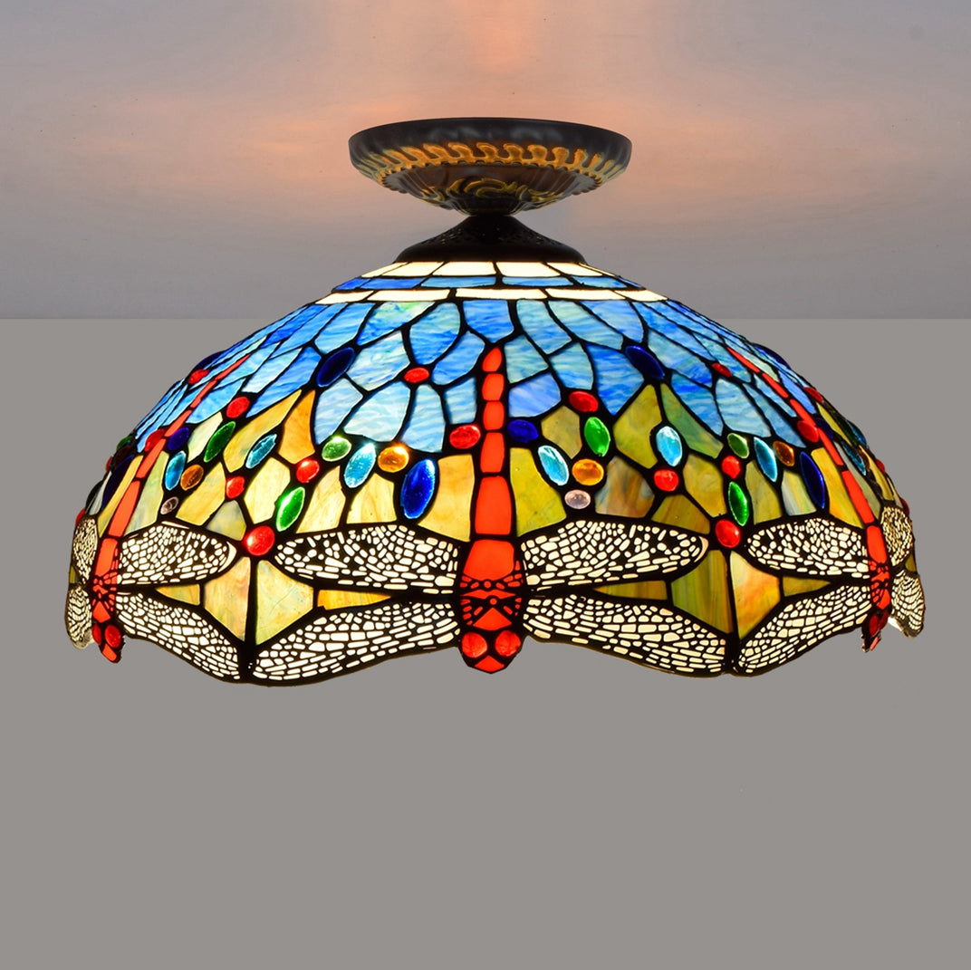 Tiffany Stained Glass Ceiling Light with Multicolored Dragonflies
