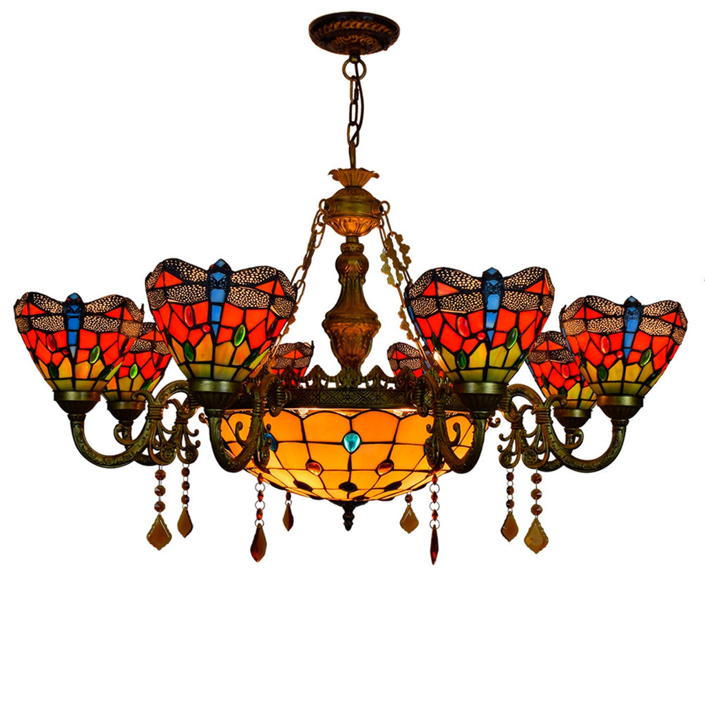 Tiffany Stained Glass Chandelier with Dragonfly Motif