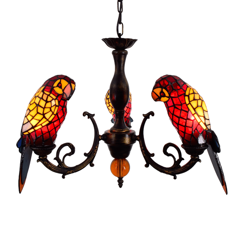Tiffany stained glass chandelier with three parrots