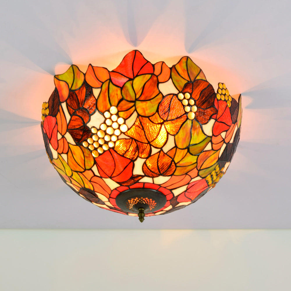 Tiffany Stained Glass Dome Ceiling Light with Autumn Leaves