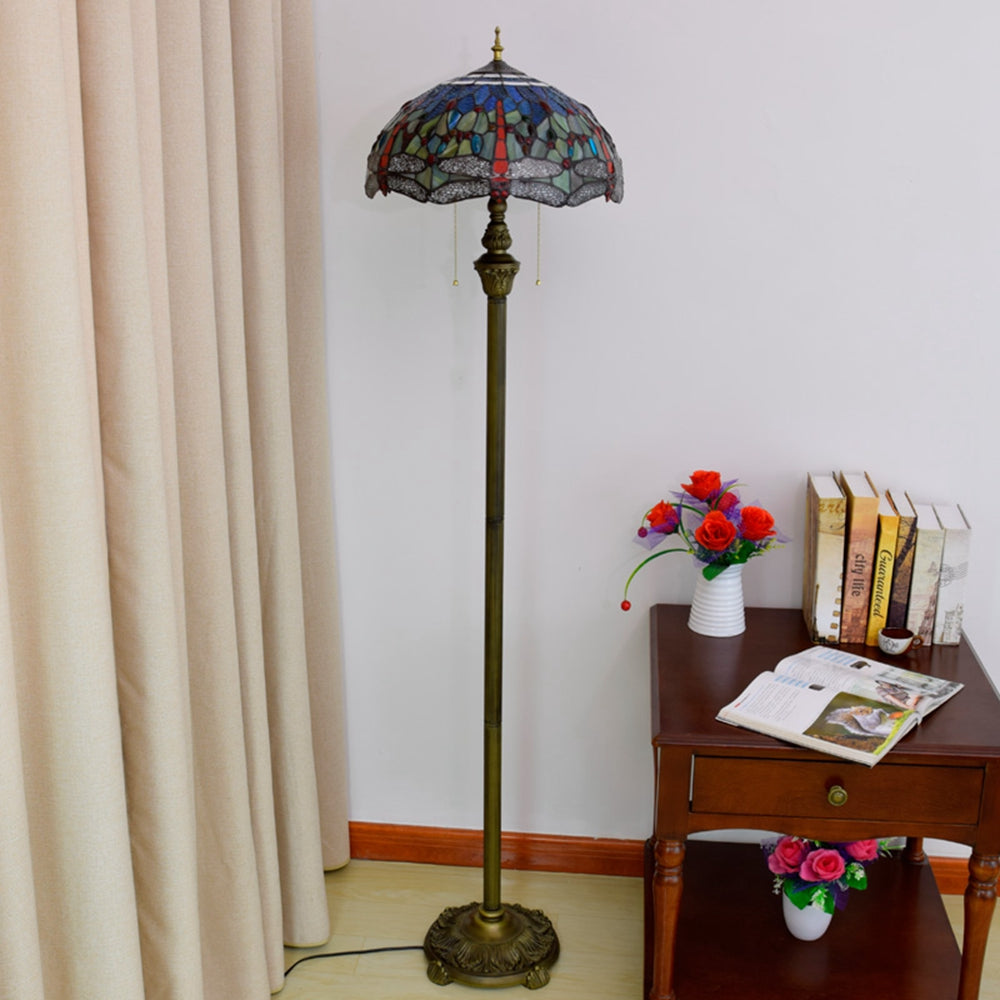 Tiffany Stained Glass Floor Lamp with Dragonfly Motif in Bronze