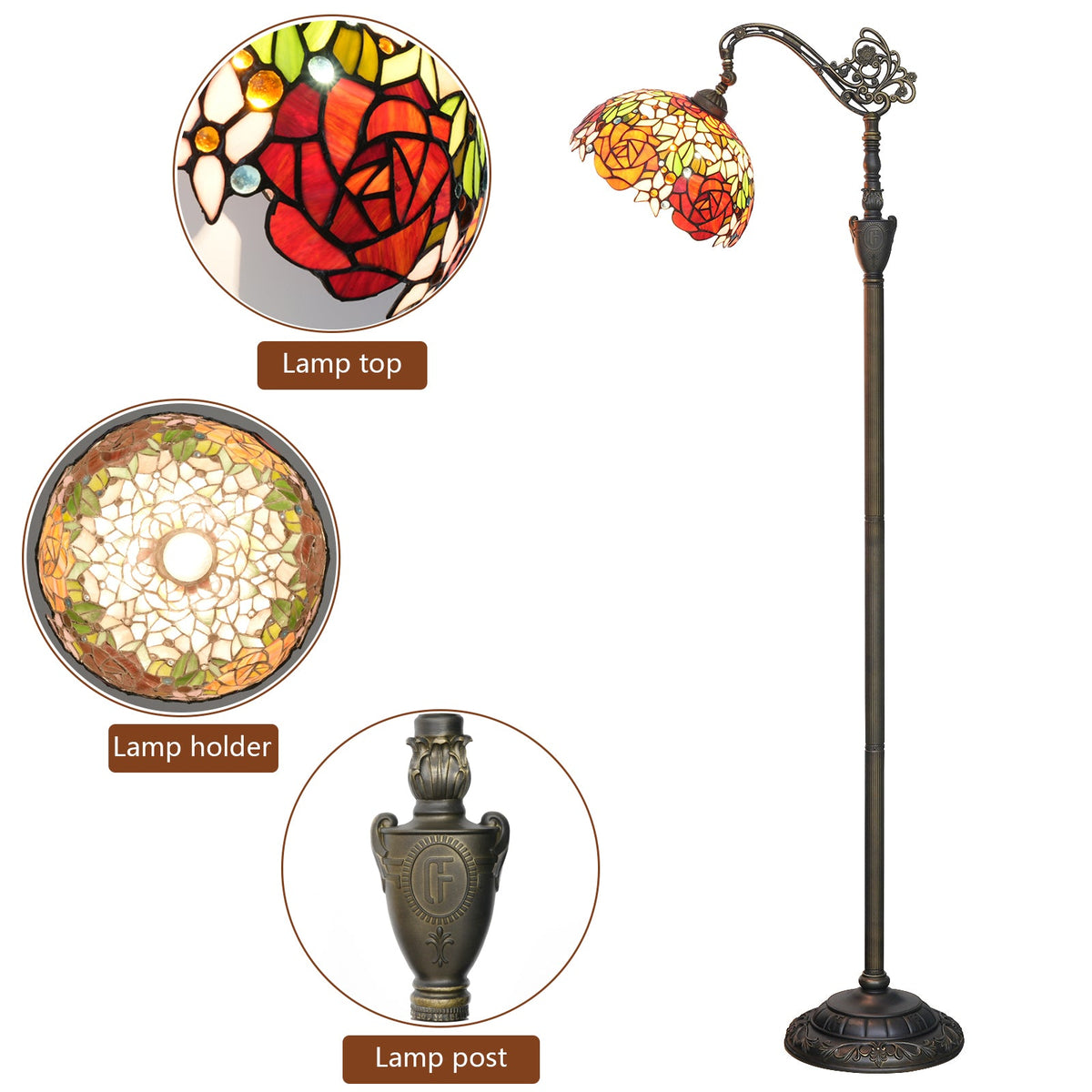 Tiffany stained glass floor lamp with roses and sculpted base