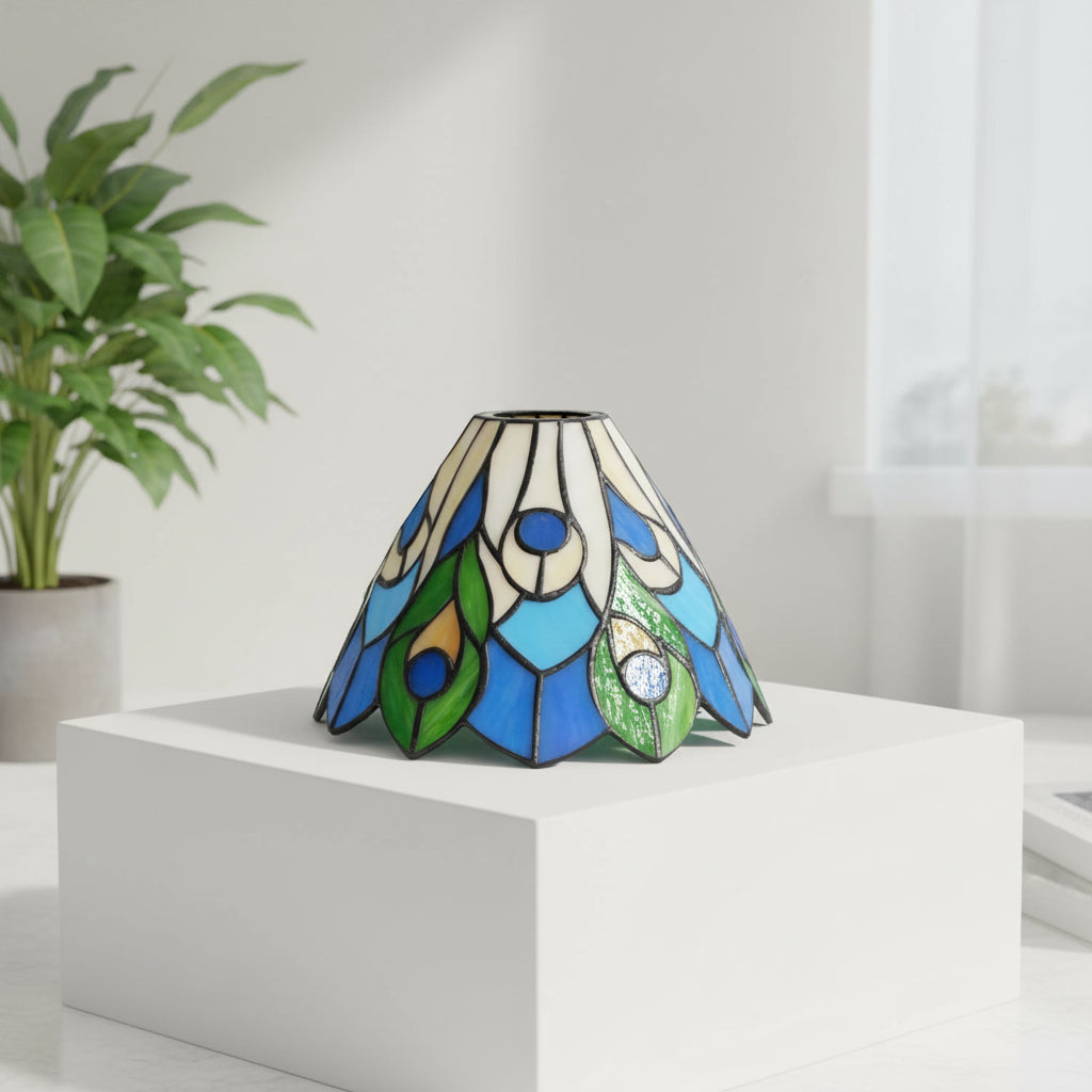 Tiffany Stained Glass Lampshade with Blue and Green Peacock Motif