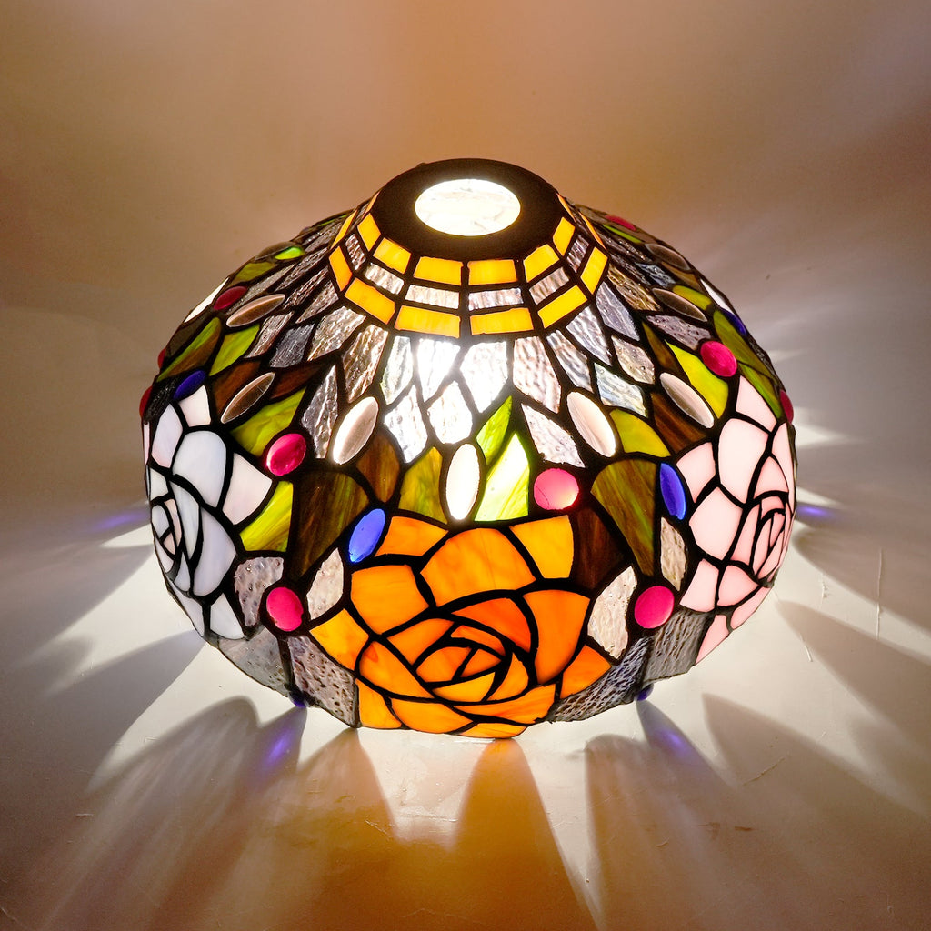 Tiffany stained glass lampshade with multicolored roses