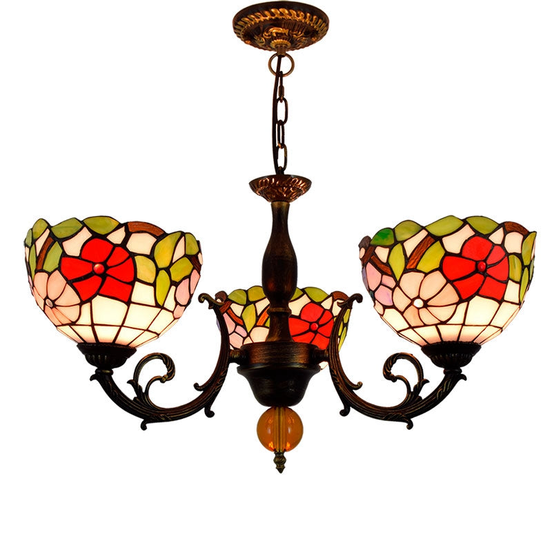 Tiffany Stained Glass Pendant Light with 3 Floral Lights
