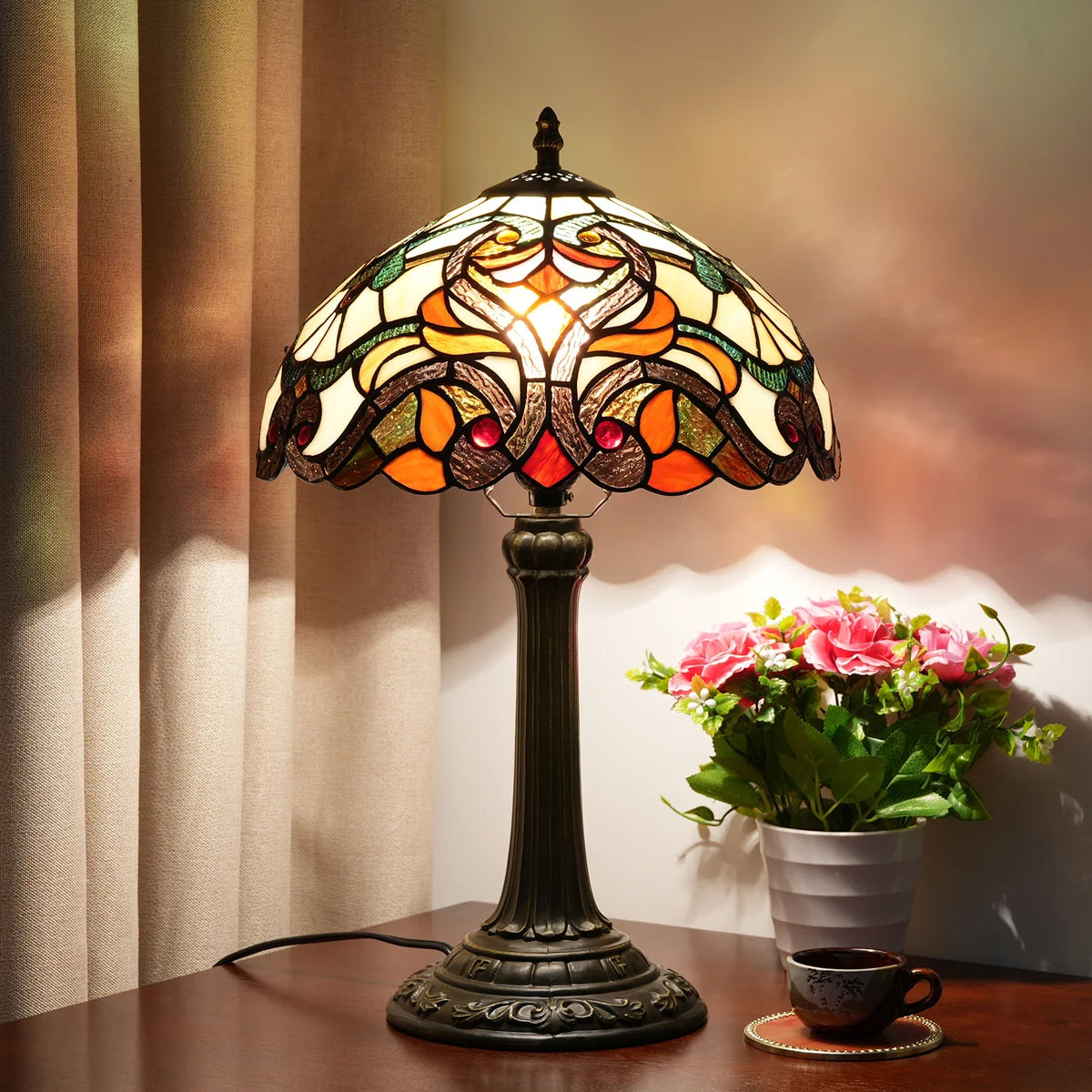 Tiffany Stained Glass Table Lamp, Retro Baroque Bedside Lamp, Desk Reading Lamp, Bedroom, Living Room, Home Office Decor