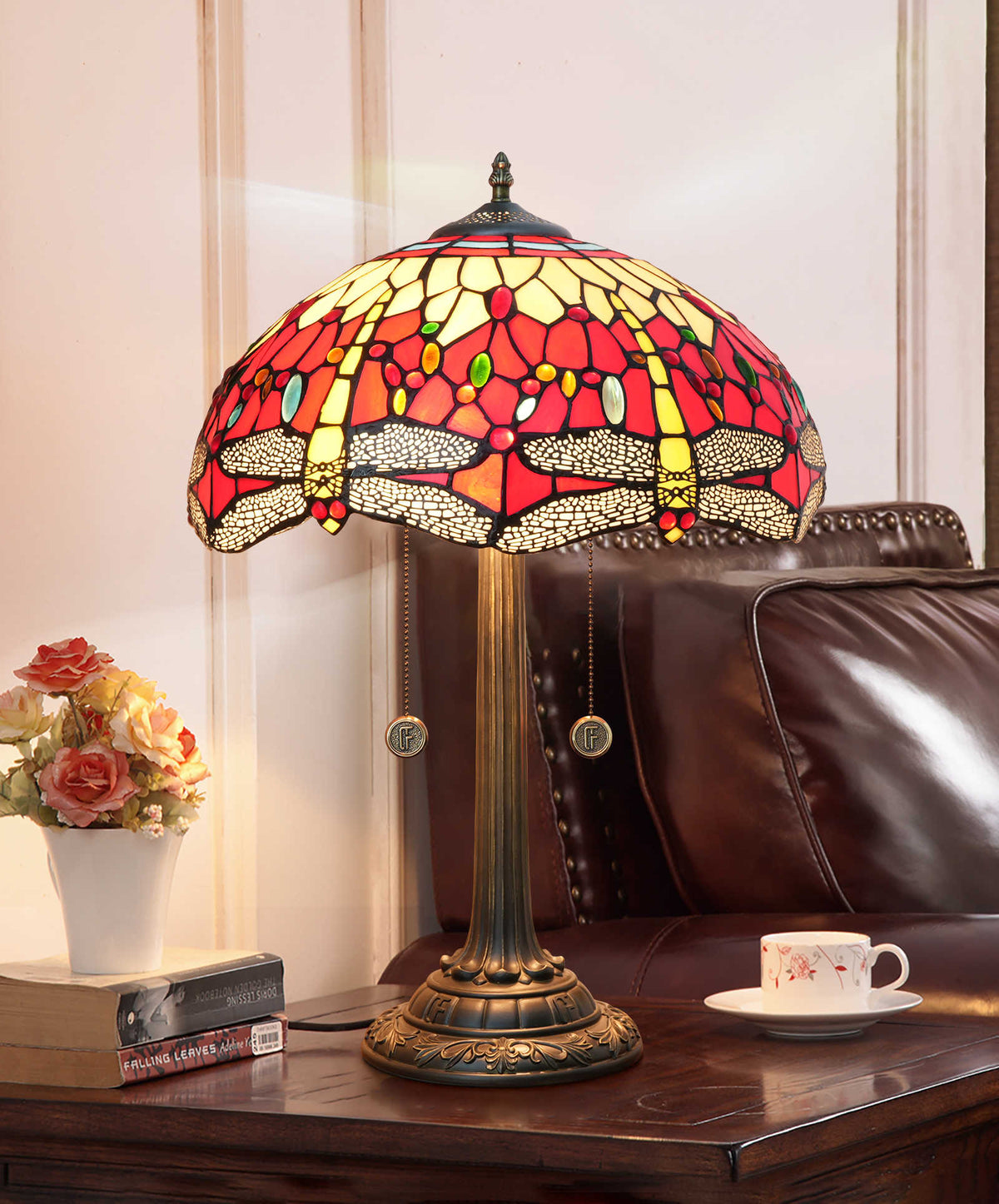 Tiffany Stained Glass Table Lamp with Dragonflies