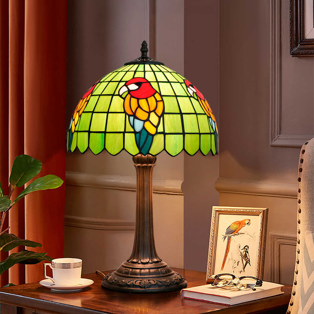 Tiffany Stained Glass Table Lamp with Lively Parrot Design