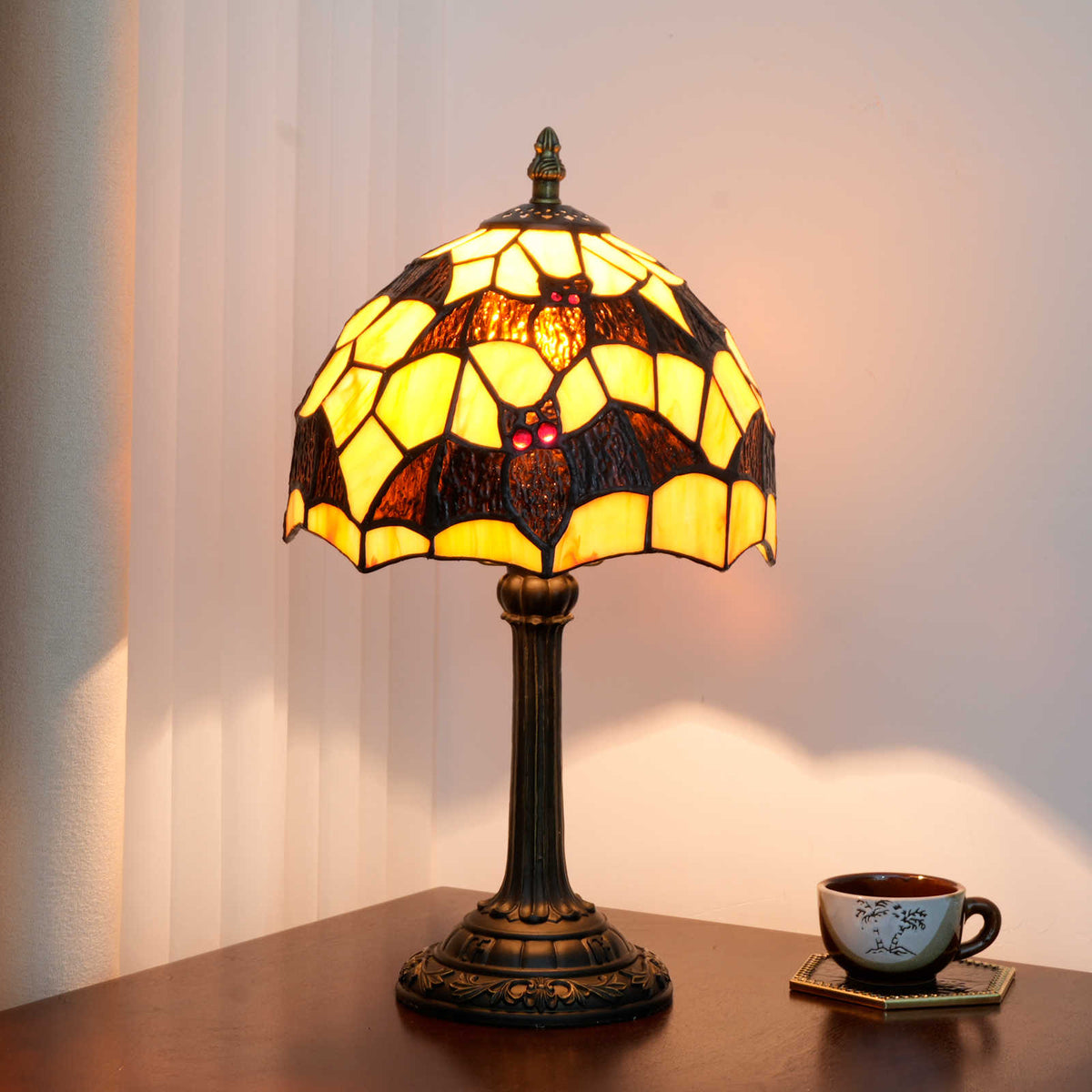 Tiffany Stained Glass Table Lamp with Red-Eyed Owls