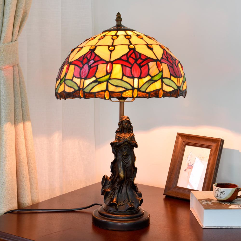 Tiffany Stained Glass Table Lamp with Red Flowers and Statue
