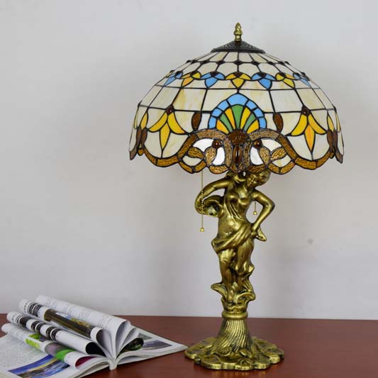 Tiffany Stained Glass Table Lamp with Statuette Base