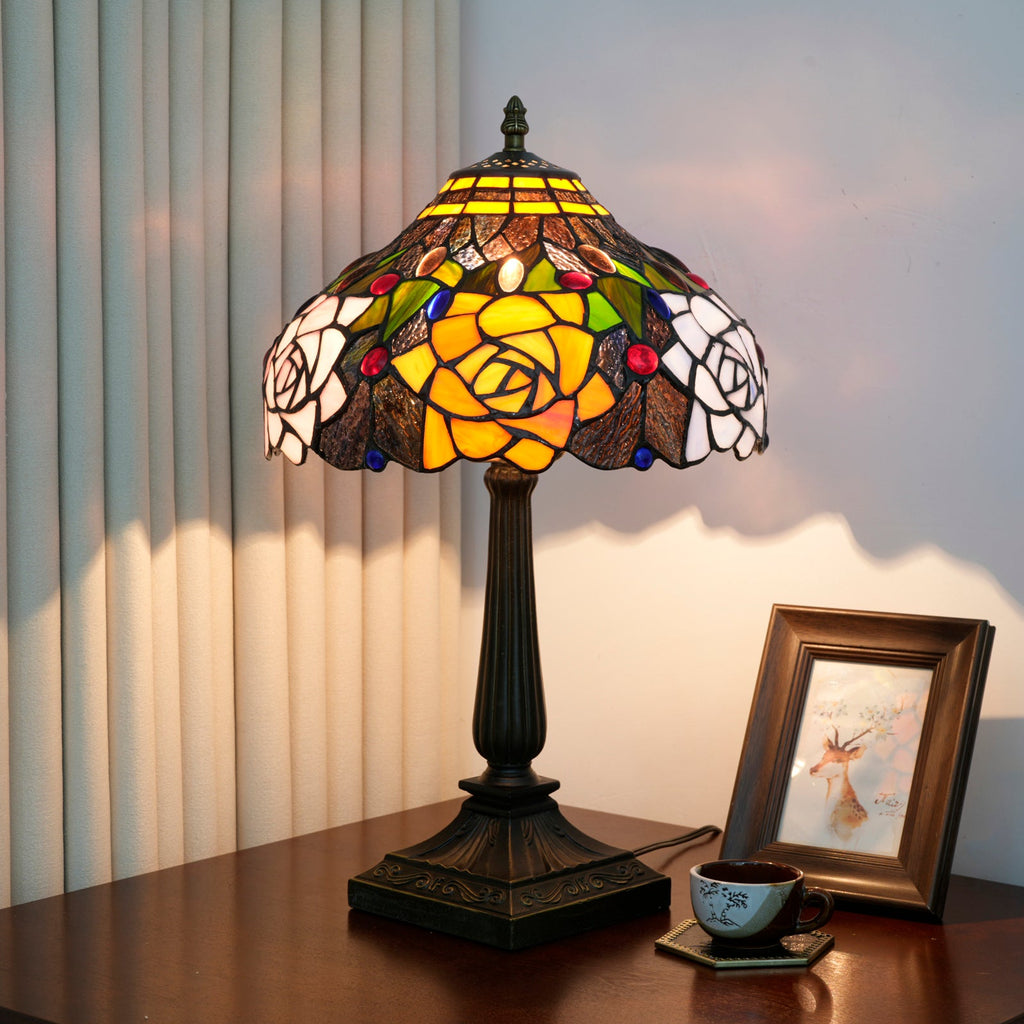 Tiffany Stained Glass Table Lamp with Yellow Roses