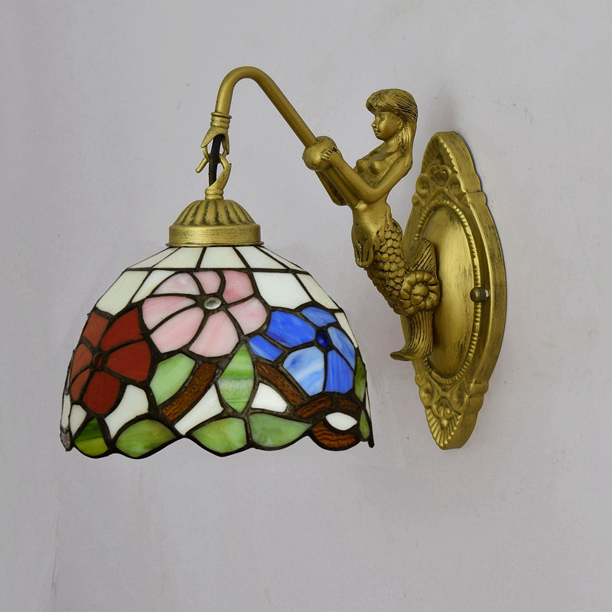 Tiffany Stained Glass Wall Sconce with Floral and Mermaid Decoration