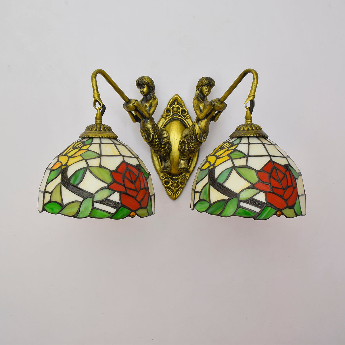 Tiffany Stained Glass Wall Sconce with Mermaids and Roses