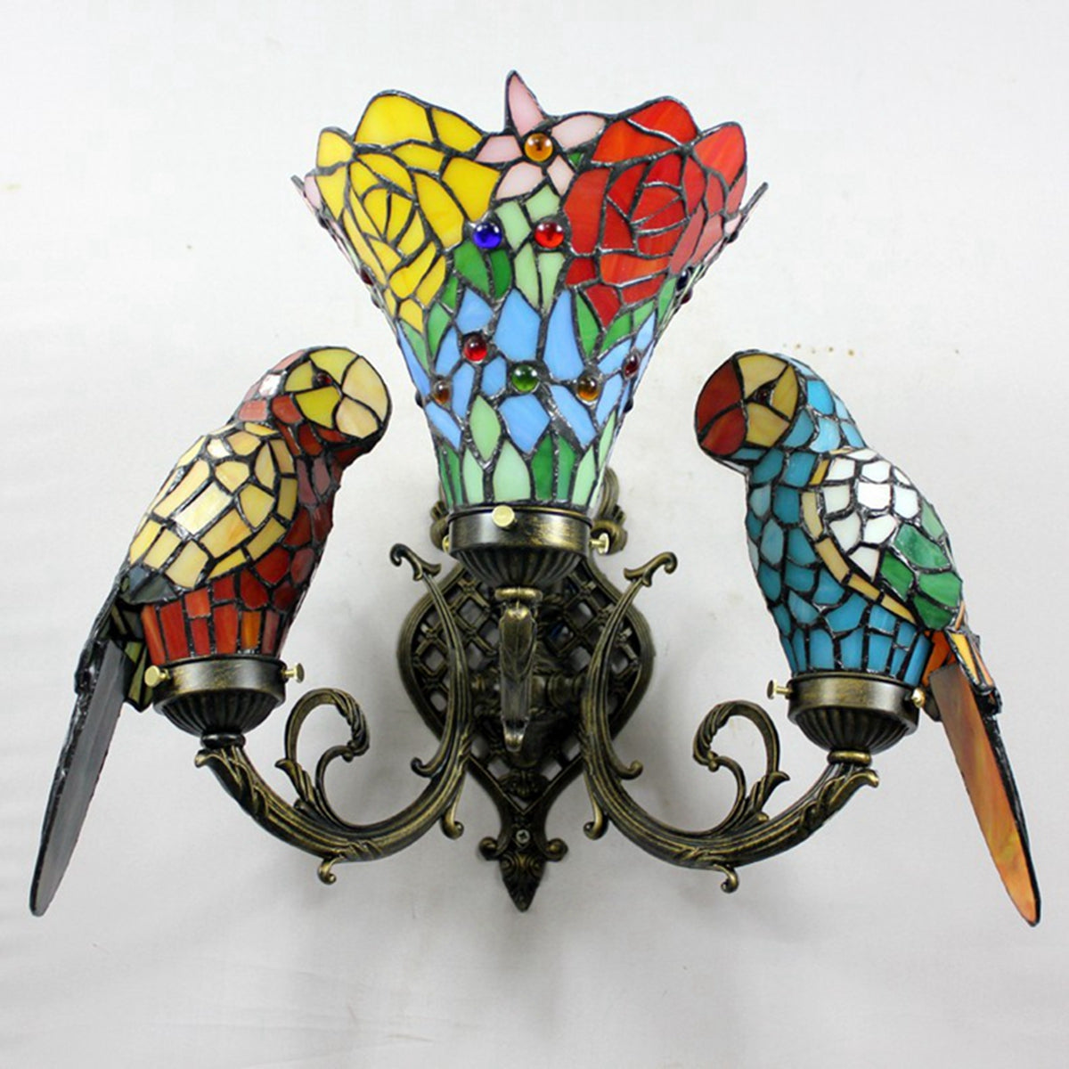 Tiffany Stained Glass Wall Sconce with Parrots and Flowers