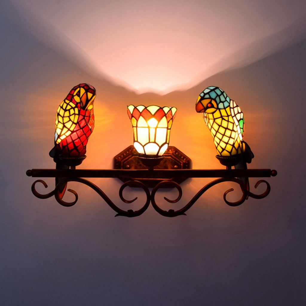 Tiffany Stained Glass Wall Sconce with Parrots