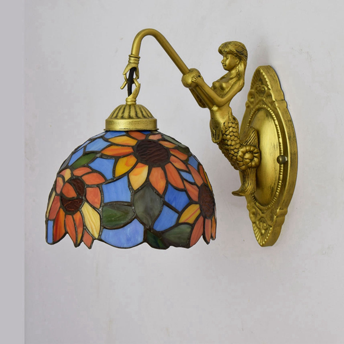 Tiffany Stained Glass Wall Sconce with Sunflowers and Mermaid