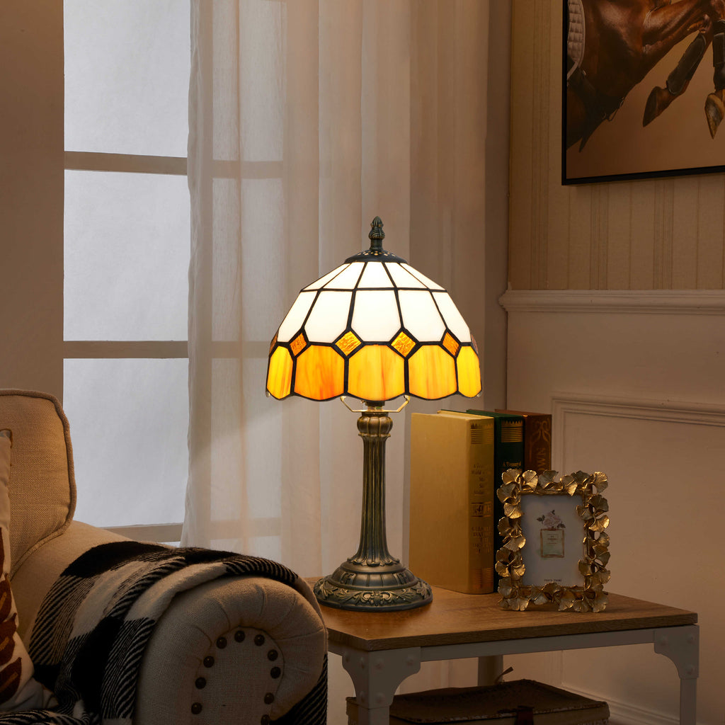 Tiffany Style Amber and Cream Stained Glass Table Lamp