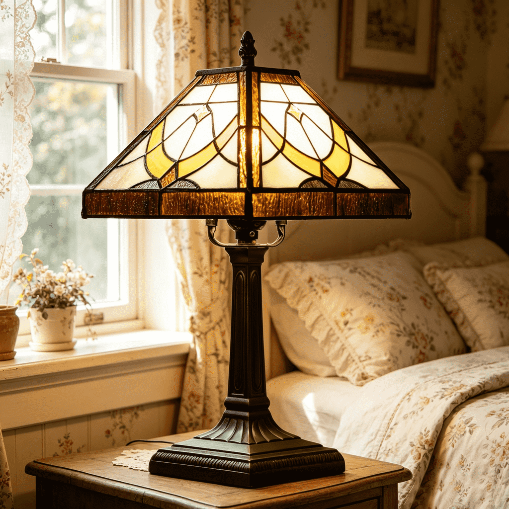 Tiffany Style Amber and Cream Stained Glass Table Lamp