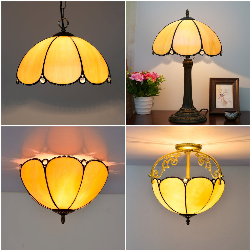 Tiffany-Style Amber Glass Pendant Light with Beads