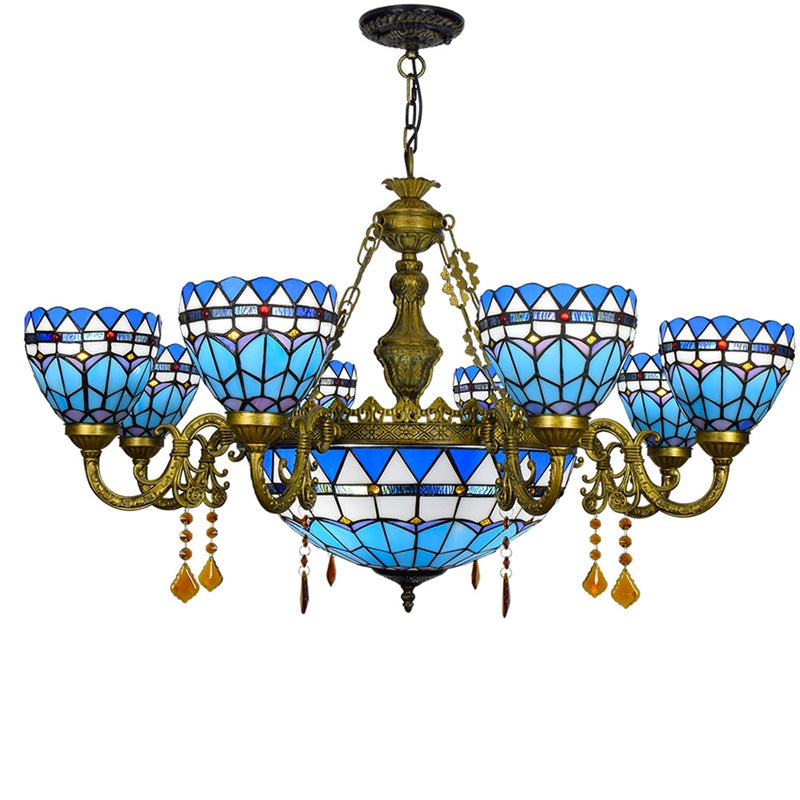 Tiffany-style Blue Stained Glass and Ornate Bronze Chandelier