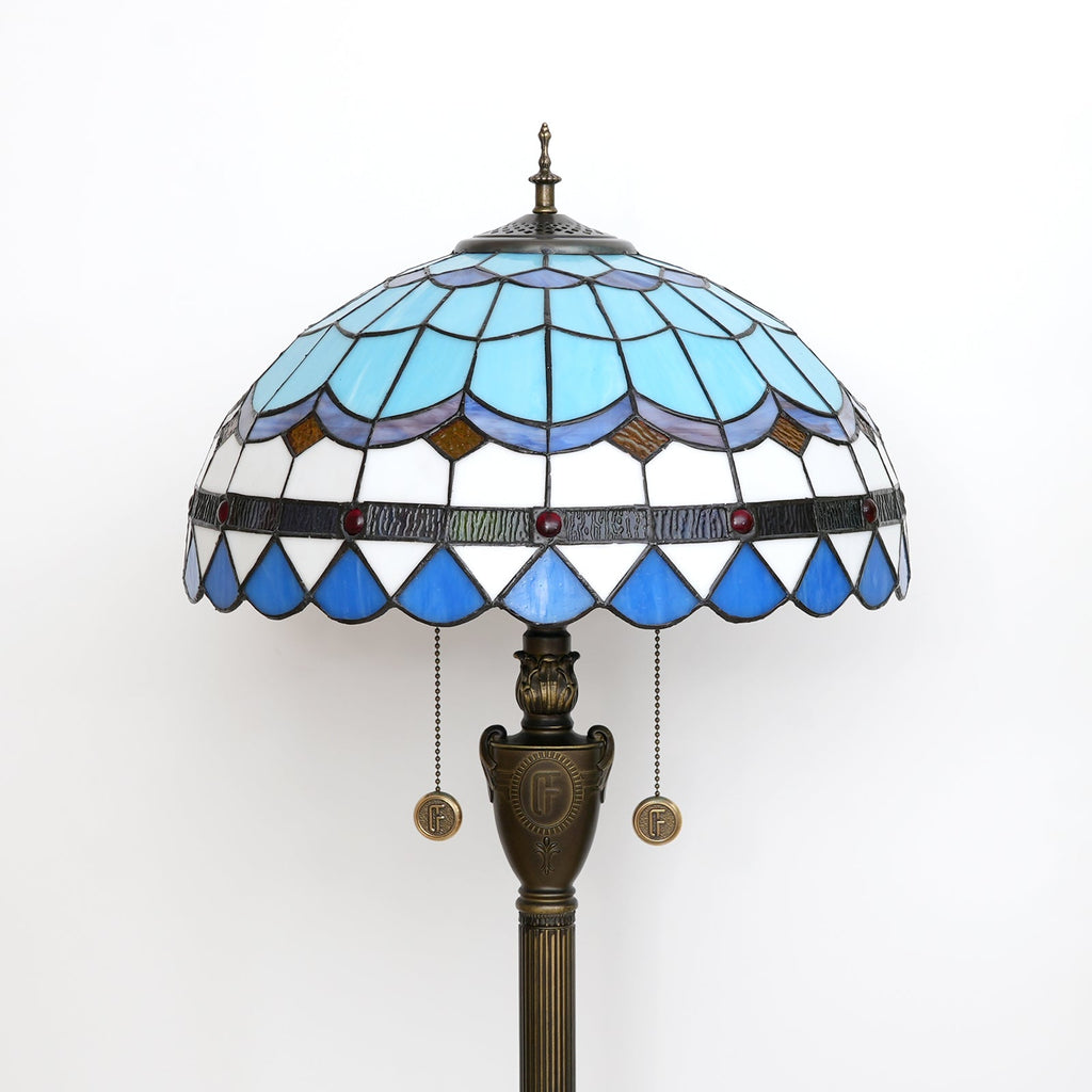 Tiffany-style blue stained glass floor lamp with bronze base