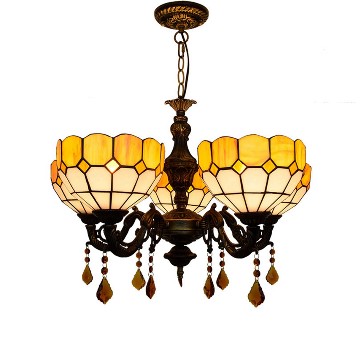 Tiffany Style Bronze Chandelier with 5 Amber Lights