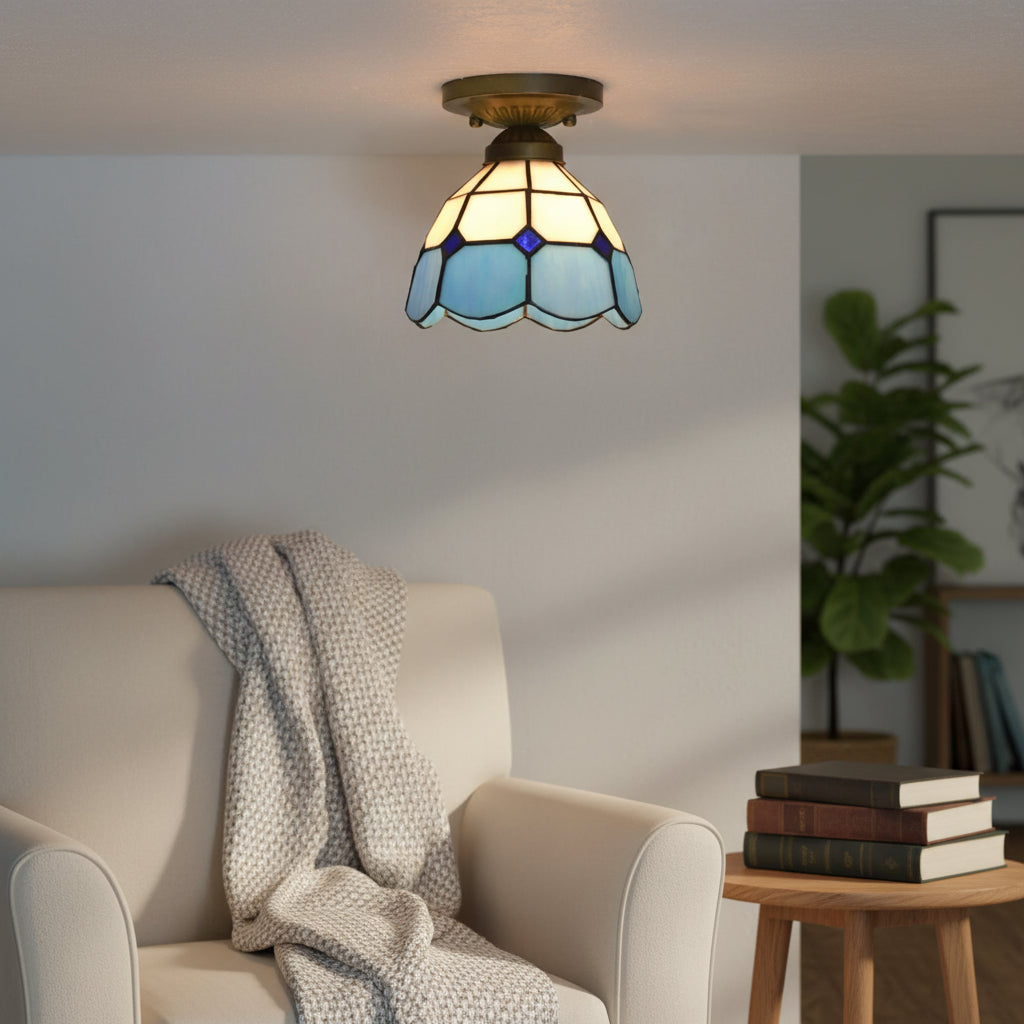 Tiffany Style Ceiling Light in Blue and White Tinted Glass
