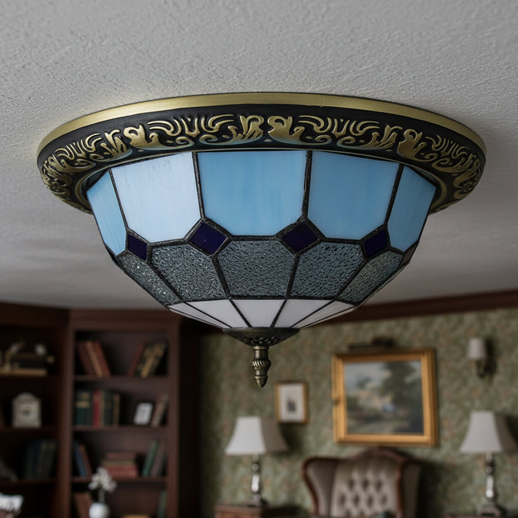Tiffany Style Ceiling Light in Blue, Purple, and Wrought Iron