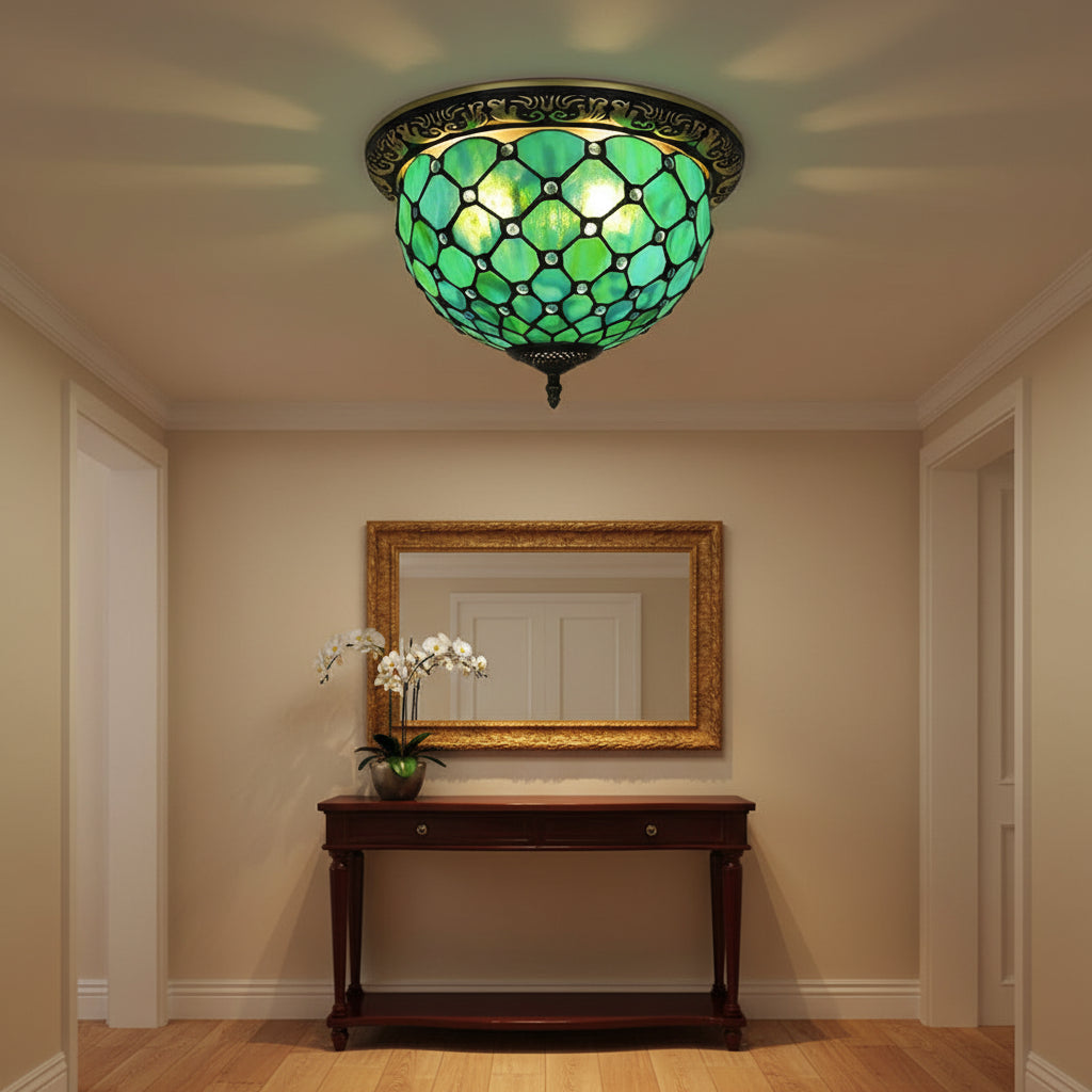 Tiffany Style Ceiling Light in Green Stained Glass