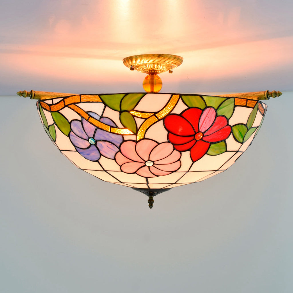 Tiffany-style ceiling light in multicolored floral stained glass