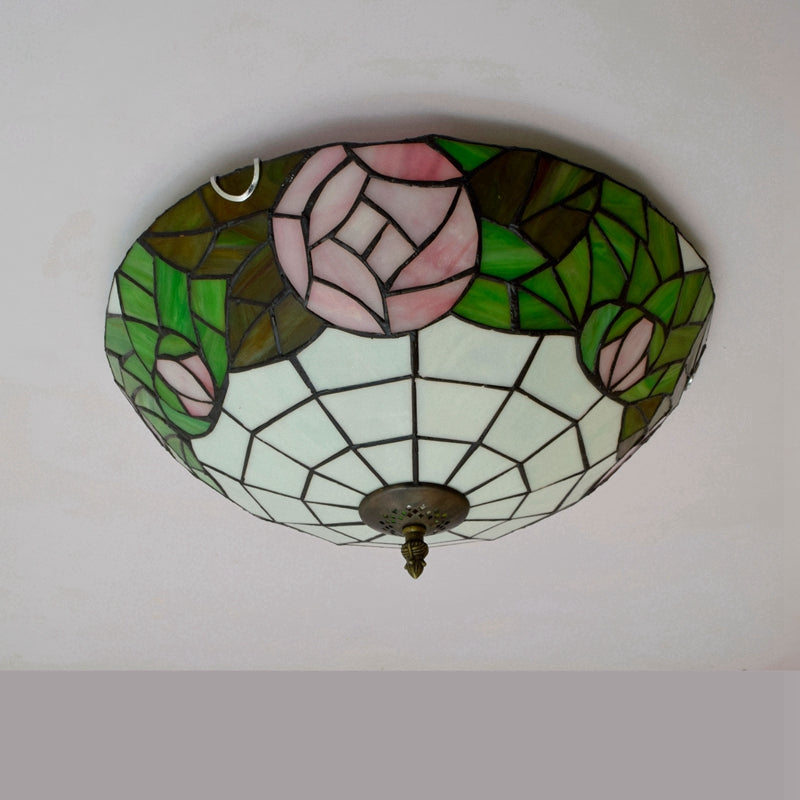Tiffany Style Ceiling Light in Pink and Green Stained Glass