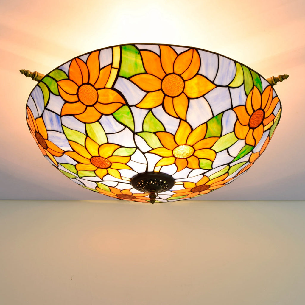 Tiffany-style ceiling light in stained glass with sunflowers