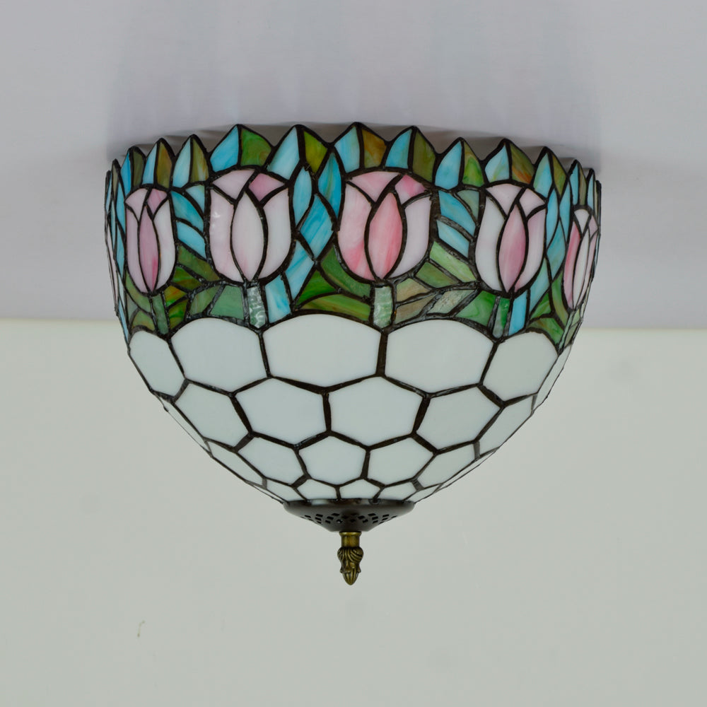 Tiffany-style ceiling light in tinted glass with pink tulips