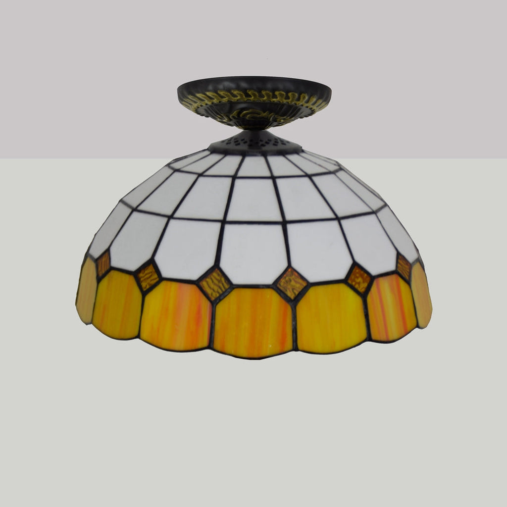 Tiffany-style ceiling light in white and amber stained glass