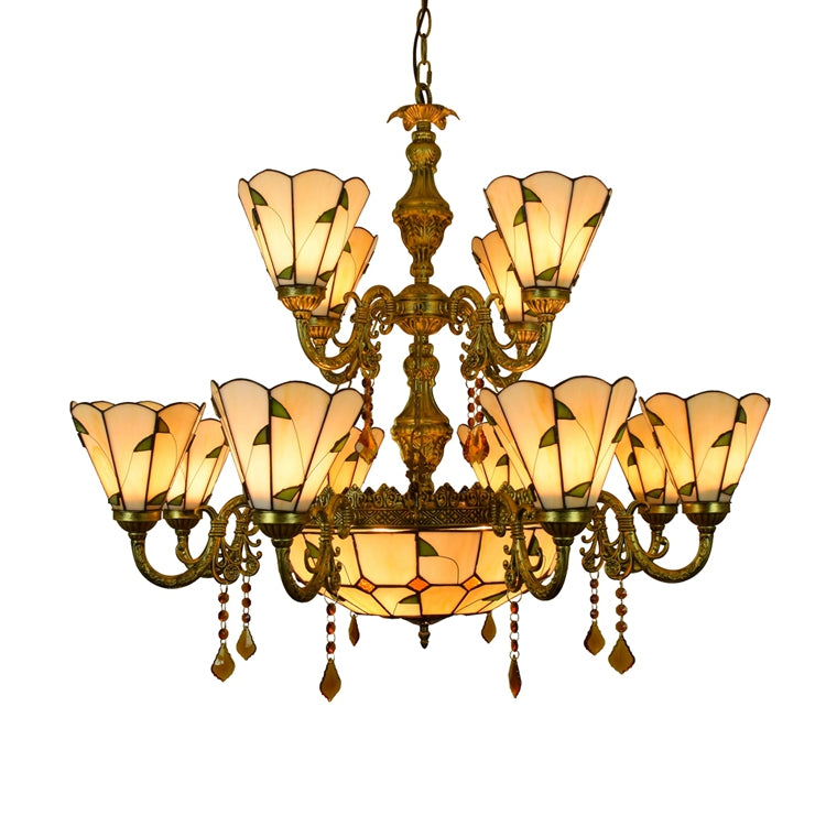 Tiffany-style chandelier in ornate bronze and stained glass
