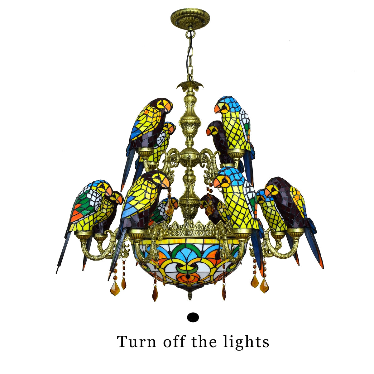 Tiffany Style Chandelier with Stained Glass Parrots