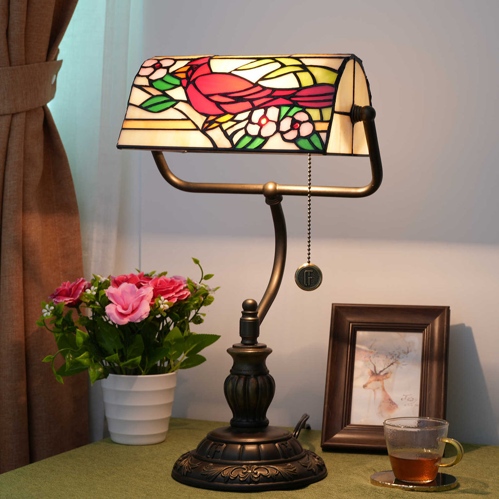 Tiffany Style Desk Lamp with Floral Cardinal Motif