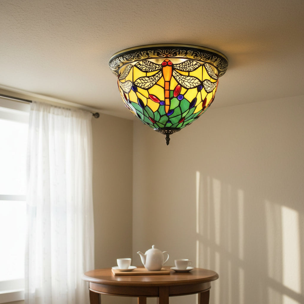 Tiffany Style Dragonfly Ceiling Light in Stained Glass
